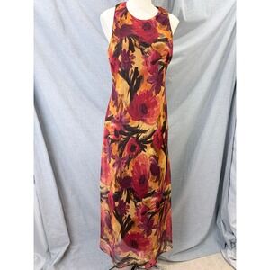 Vintage DJ & Co Floral Maxi Dress Orange Red Purple Chiffon 90s USA 14